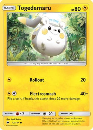 Togedemaru 047/147  - Reverse Holofoil SM  Burning Shadows - Common