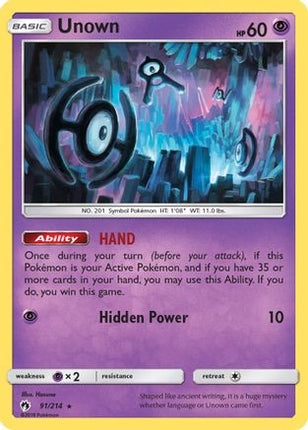Unown (91) 091/214  - Reverse Holofoil SM  Lost Thunder - Rare