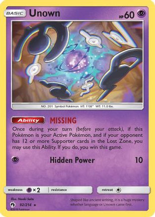 Unown (92) 092/214  - Reverse Holofoil SM  Lost Thunder - Rare