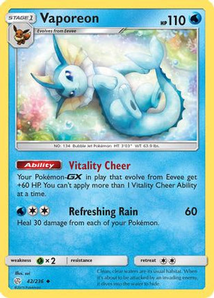 Vaporeon 042/236  - Reverse Holofoil SM  Cosmic Eclipse - Uncommon