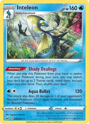 Inteleon (058) 058/202  - Reverse Holofoil SWSH01 Sword & Shield Base Set - Holo Rare