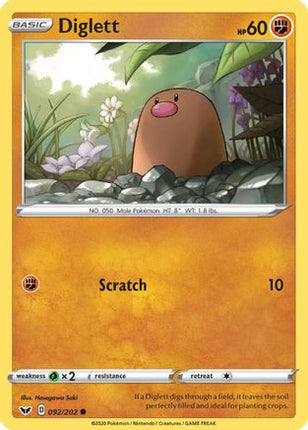 Diglett 092/202  - Reverse Holofoil SWSH01 Sword & Shield Base Set - Common