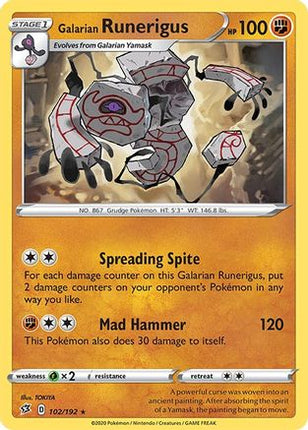 Galarian Runerigus 102/192  - Reverse Holofoil SWSH02 Rebel Clash - Rare