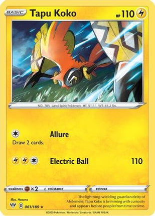 Tapu Koko 061/189  - Reverse Holofoil SWSH03 Darkness Ablaze - Holo Rare