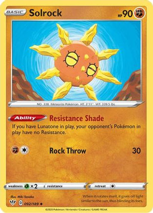 Solrock 092/189  - Reverse Holofoil SWSH03 Darkness Ablaze - Uncommon