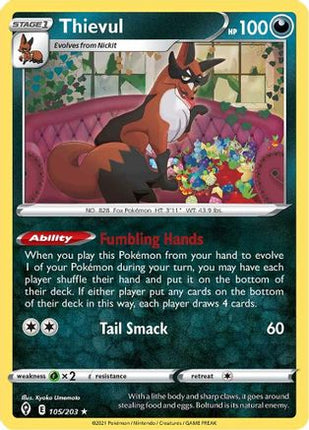 Thievul 105/203  - Reverse Holofoil SWSH07 Evolving Skies - Rare