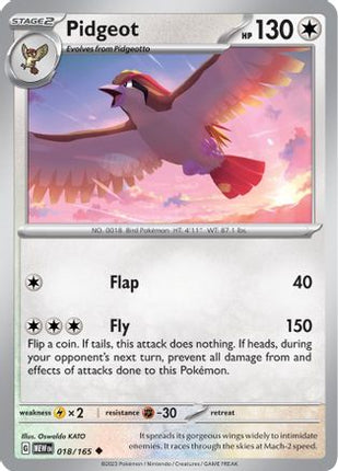 Pidgeot 018/165  - Reverse Holofoil SV Scarlet & Violet 151 - Uncommon